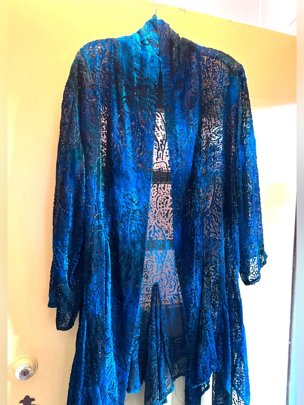 Turquoise Blue Velvet Lace/Bead Duster Cardigan. Free size.